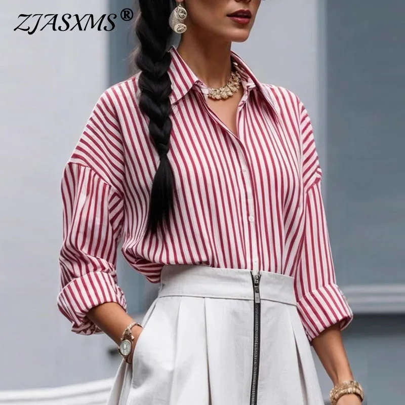 

Autumn Long Sleeve Elegant Women's Shirt Spring Single Breasted Lapel Blouses Fashion Striped Print Commute Tops Blusas Clothing