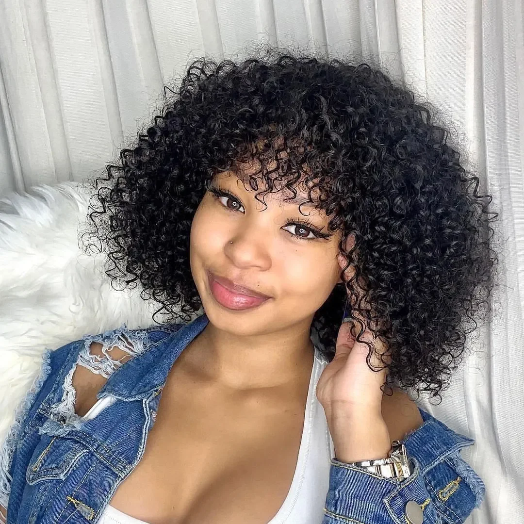 Glueless Human Hair Curly Wigs With Bangs Glueless Bob Wig for Black Women 200% Density Scalp Top Wig Brazilian Human Hair