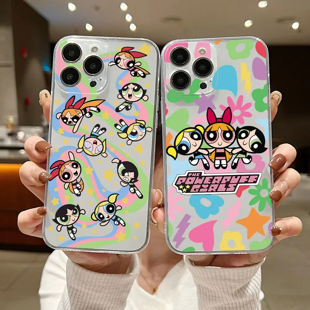 Cute Funny The Powerpuffs Girls Phone Case For iPhone 15 14 13 12 11 Mini Pro Max X XR XSMax 7 8 Plus SE20 Transparent Cover