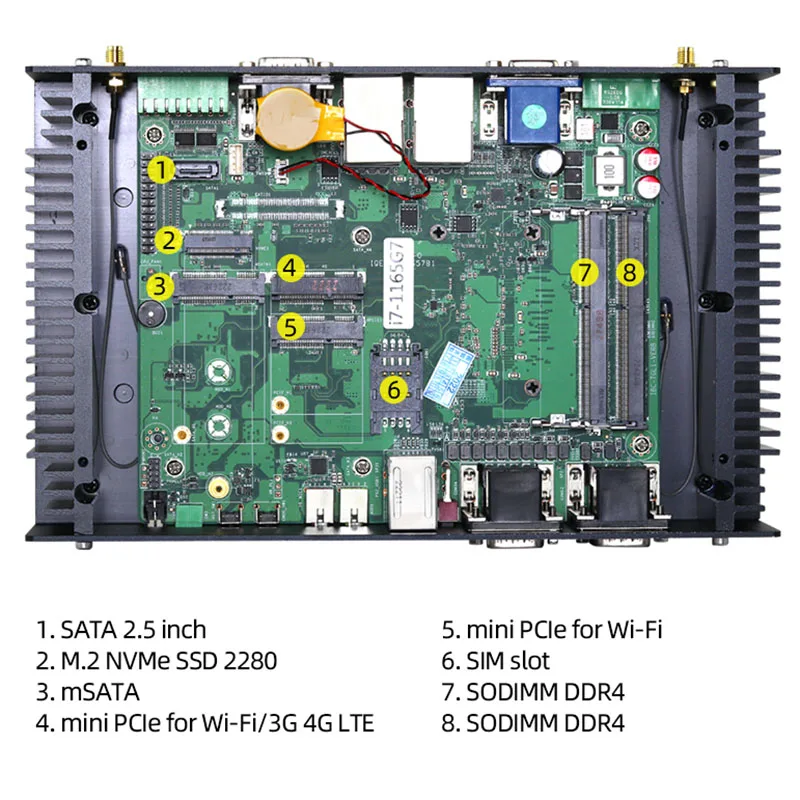 Mini PC Industrial sin ventilador i7 1165G7 6x DB9 RS232/422/485 2x GbE LAN GPIO HDMI VGA 6x USB Wi-Fi 4G LTE Windows 10 Linux ordenador