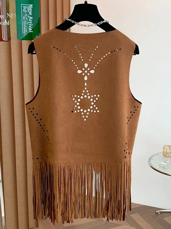 Kardigan bez rękawów z ażurowym wzorem i frędzlami, duży rozmiar, damska odzież wierzchnia na podróże w pustyni, nowa kolekcja jesienna, swobodny krój casual.