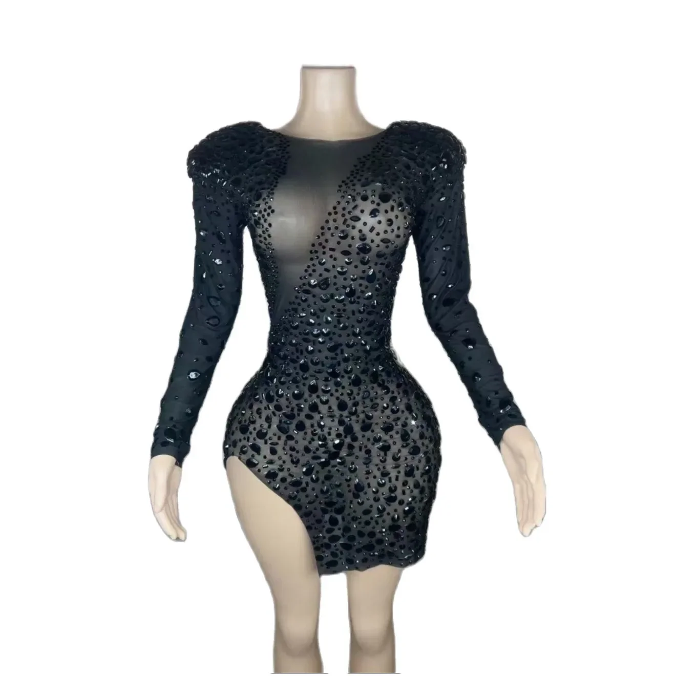 

Black Gauze Shining Rhinestones Long Sleeves Sexy Asymmetrical Sheath Dress For Women Prom Dance Clothing Nightclub Costumes