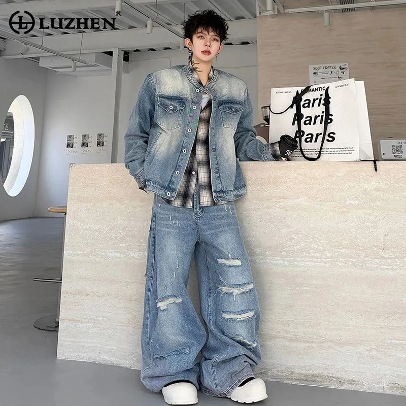 LUZHEN 2026 Autumn Vintage Washed Denim Two-piece Sets Men's Fashion Handsome Loose Wide Leg Jeans Male Shoulder Pad Coat JY8753