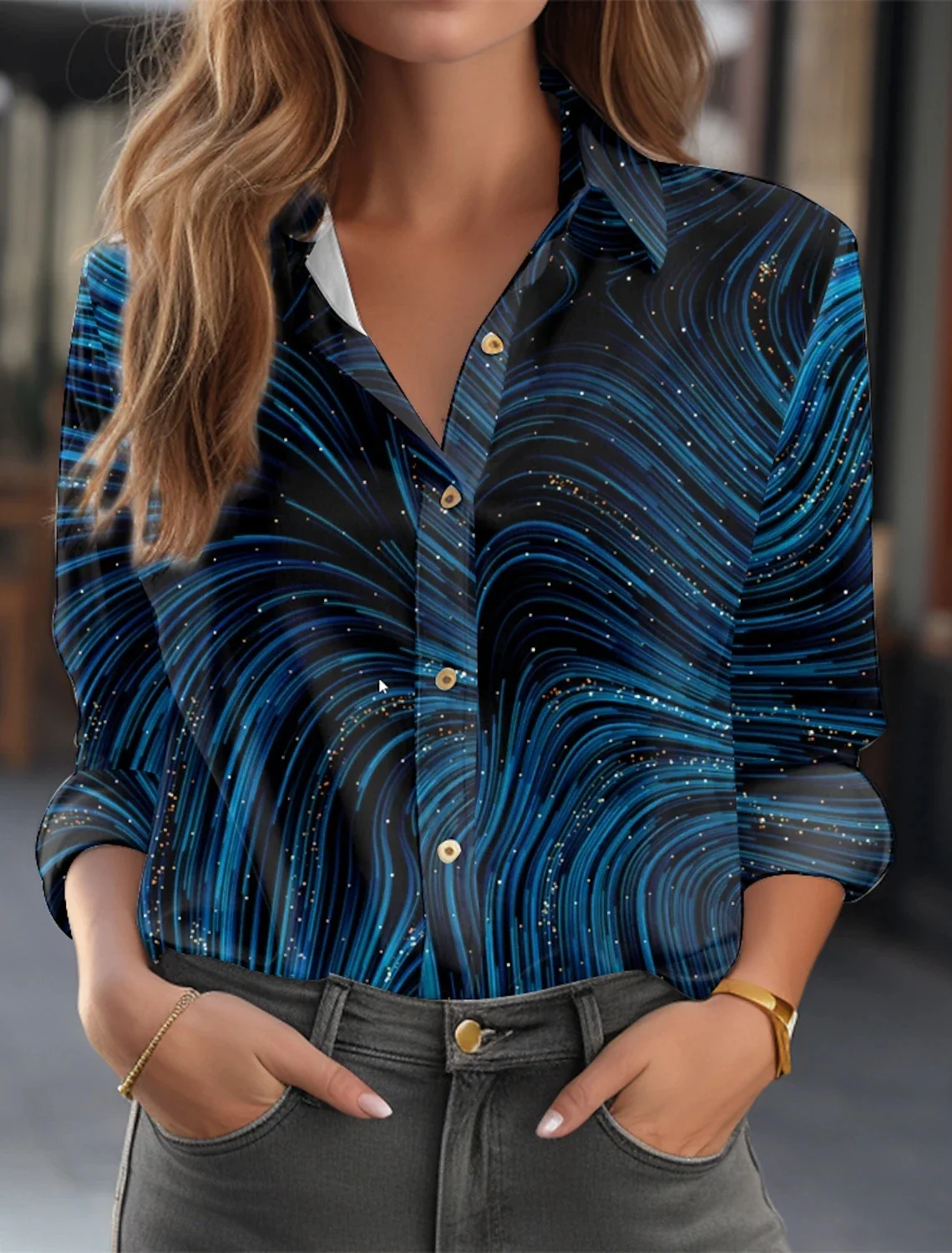 Camisa con solapa abotonada para mujer de alto temperamento preferida, camisa informal de manga larga para oficina para mujer, camisetas holgadas Ol con grafiti artístico