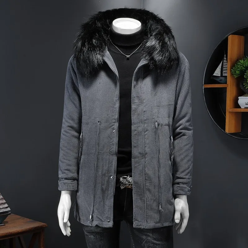 YASUGUOJI Casual Fur Collar Medium Length Hooded Corduroy Jacket Parkas Men Winter Thicken Warm Cotton Padded Coats for Men