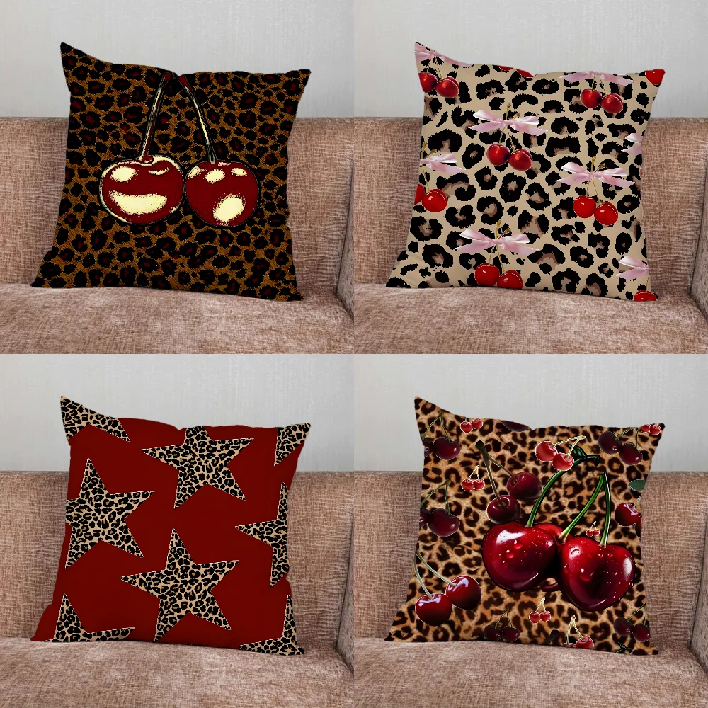 

Leopard Print Cherry Star Pillow Case For Home Bedroom Car Office Decoration Living Room Sofa Cushion Cover Suitable