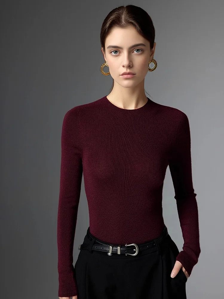 

00% Pure Merino Wool Knitted Sweater Women's Sl One-Piece No Itching Zero Prure round Ne Slimming Base Layer