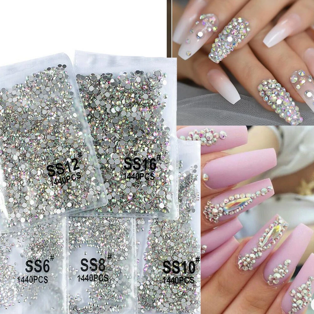 

1440pcs Crystal Clear AB 3D Nail Art Rhinestones Non HotFix SS3-SS16 FlatBack Stones DIY Strass Gems For Nail Art Decorations