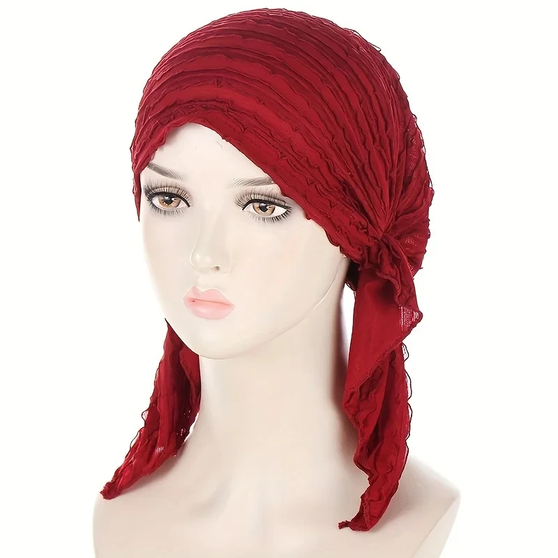 2024 New Women\'s Hijab Ruffle Trim Breathable Pleated Head Scarf Cap Breathable Hair Cap Fashionable Turban Multicolor Available