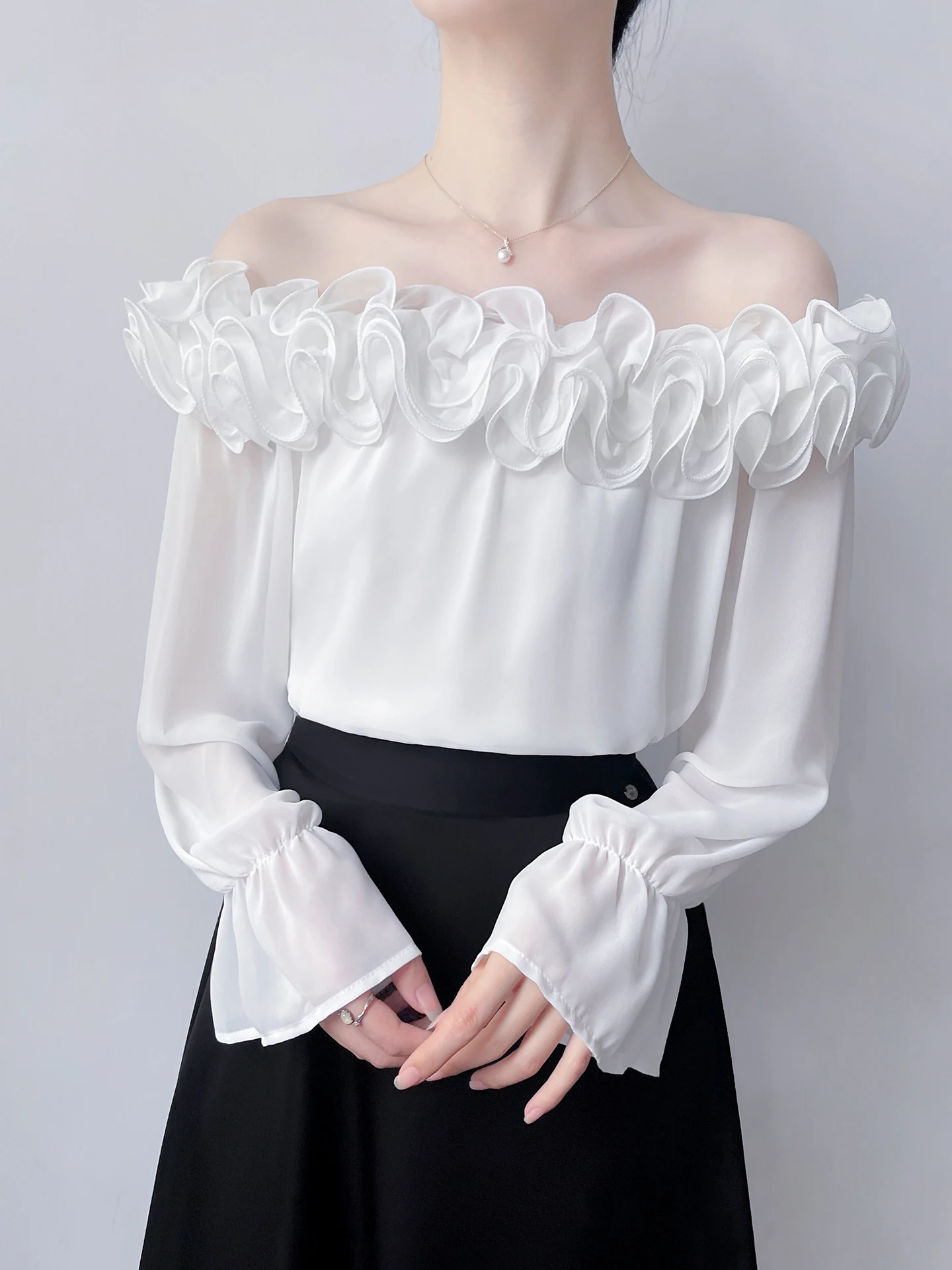 

Elegant White Shirt Korean Style Spring Fashion Ladies Long Sleeve Sweet One-Shoulder Top by Hanpoera Breathable Polyester Fiber