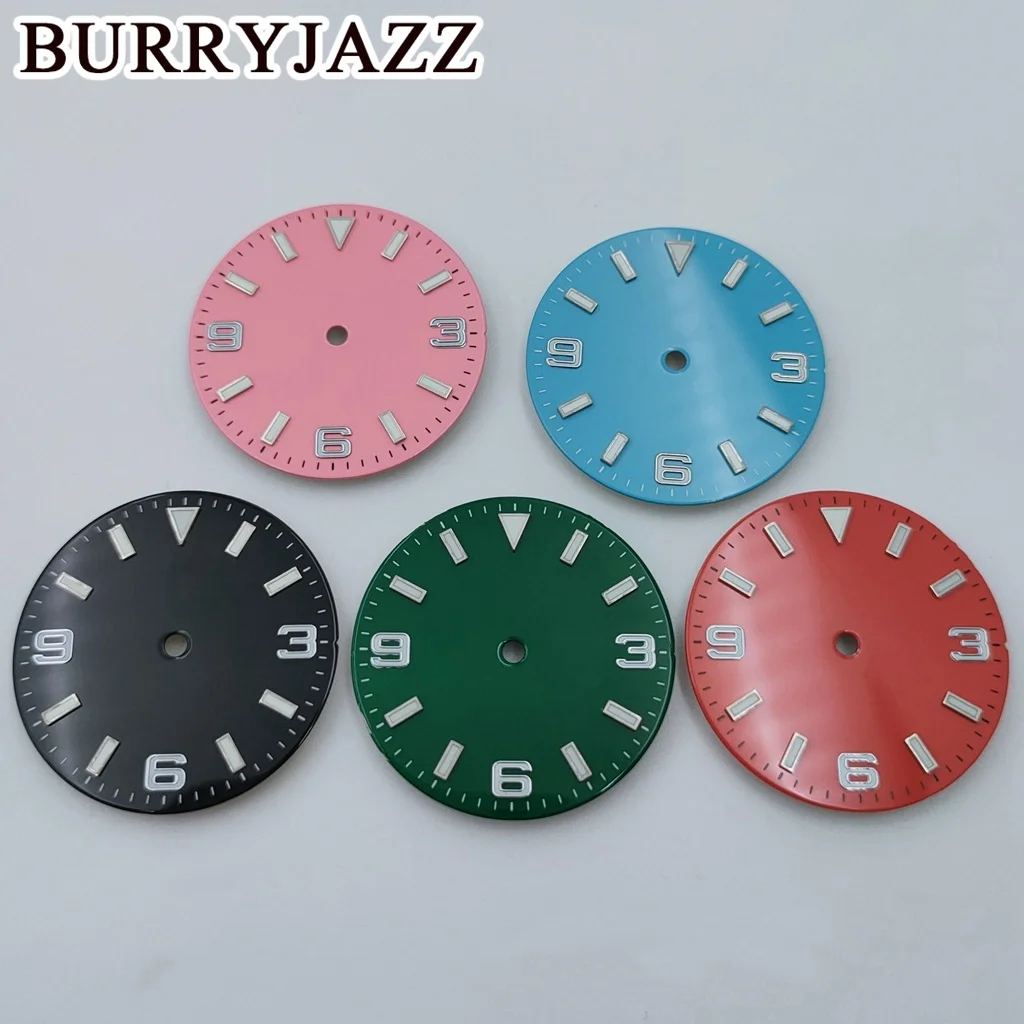 BURRYJAZZ 28.5mmNo Logo NH35 NH36 Watch Dials Pink Blue Black Green Red Dial Green Luminous Fit 3 O\'clock 3.8 O\'clock Case Crown