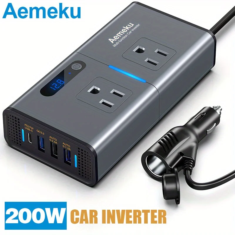

200W Car Power Inverter 12V/24V to 110V with US Standard Outlet, PD Fast Charging & USB Ports, Portable Auto Voltage Converter