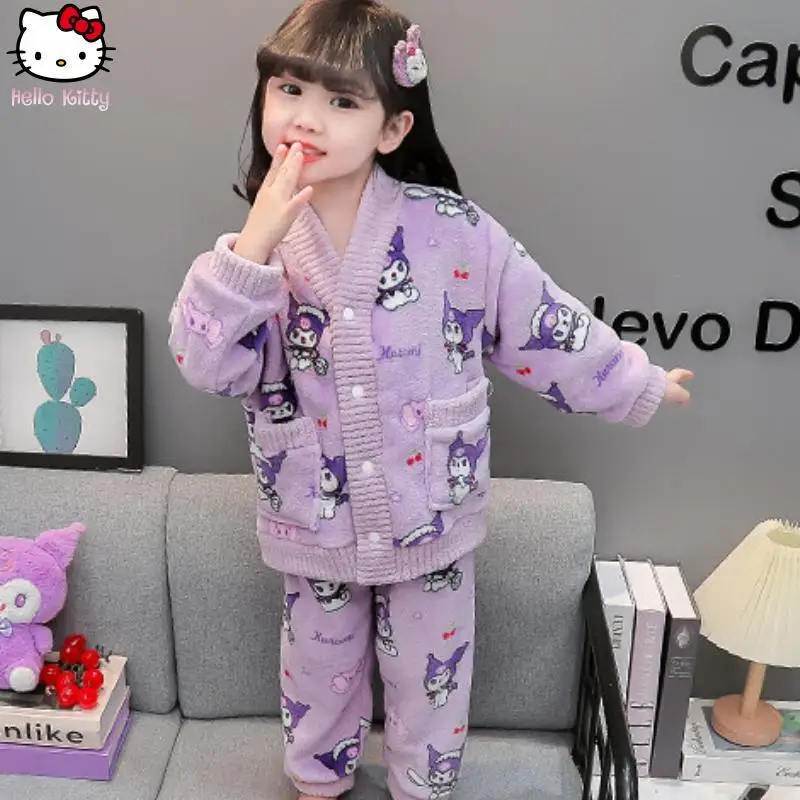 ملابس الفتيات كورومي الكرتون الدافئة منامة مجموعة أنيمي جديد Kawaii الخريف الشتاء طالب سانريو سترة سميكة ملابس المنزل الحلو