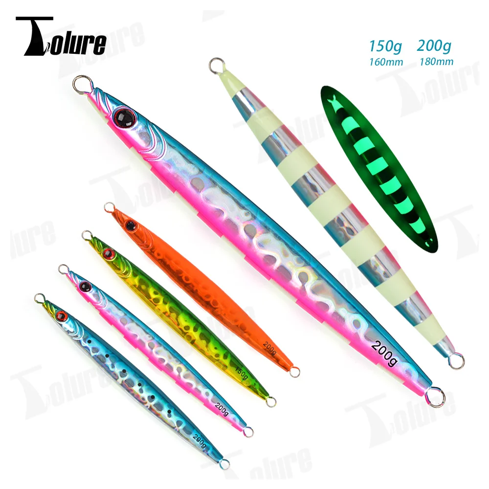 TOLU Sinking Metal Casting Jig Sinking Fishing Lure 150g 200g Artificial Luminous Laser Gold Stamping Paper 3D Eyes Bait