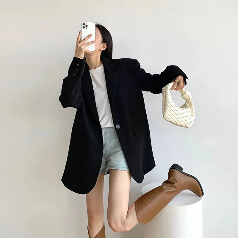 Zoki Vintage Harajuku Blazer Coat Women Casual Loose Long Sleeve Jackets Oversize Retro Simple Korean Office Lady Solid Suit Top