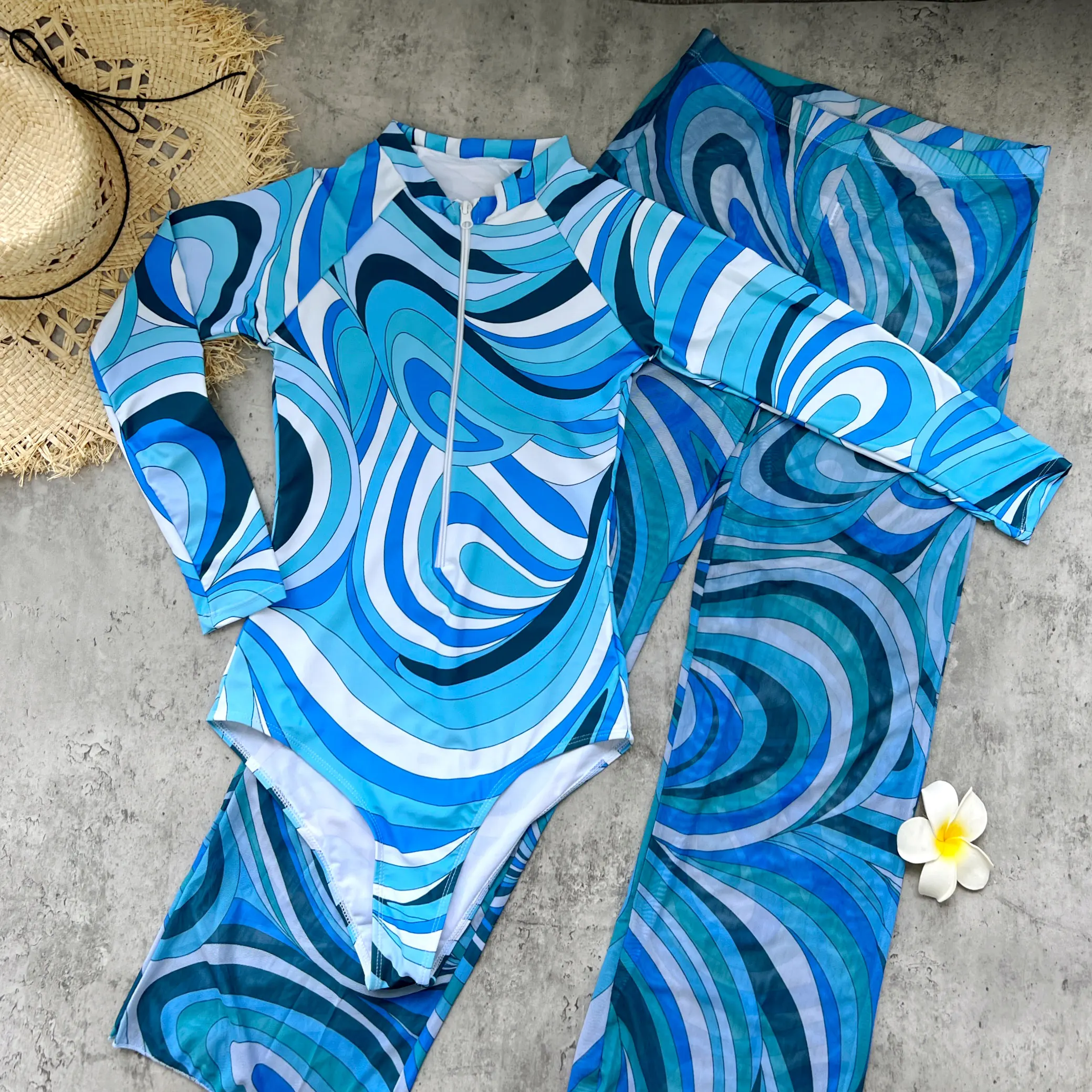 Long Sleeve Printed Swimwear Women One Piece Swimsuit With Pants Lady Sexy Swimming Suit Fashion Female Beachwear Pool Outfits