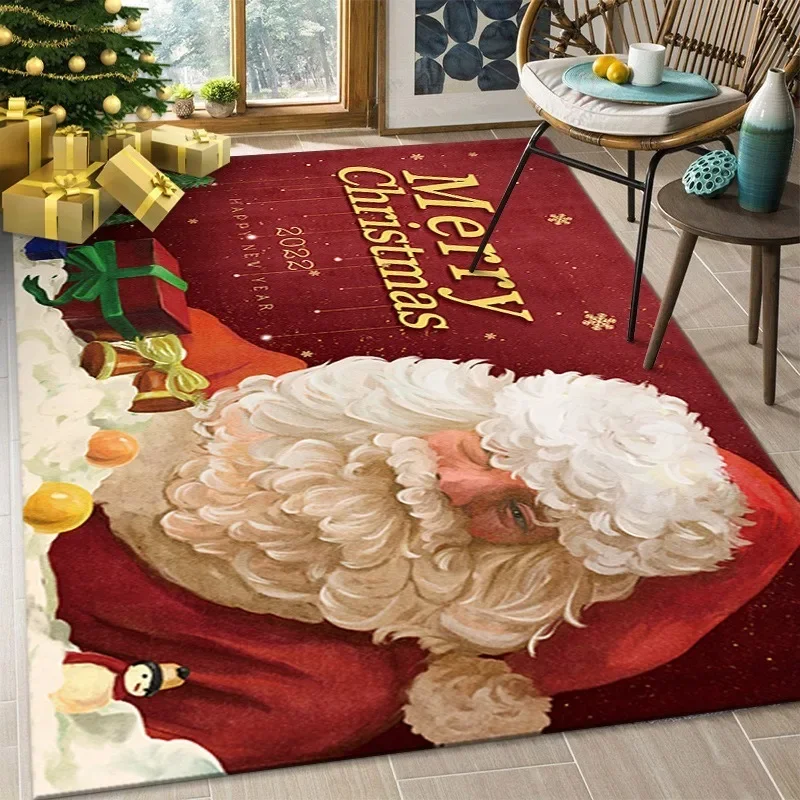 Flannel Christmas Print Non-Slip Mat Festive All-Over Living Room Carpet Washable Holiday Door Rug Soft Xmas Home Floor Decor