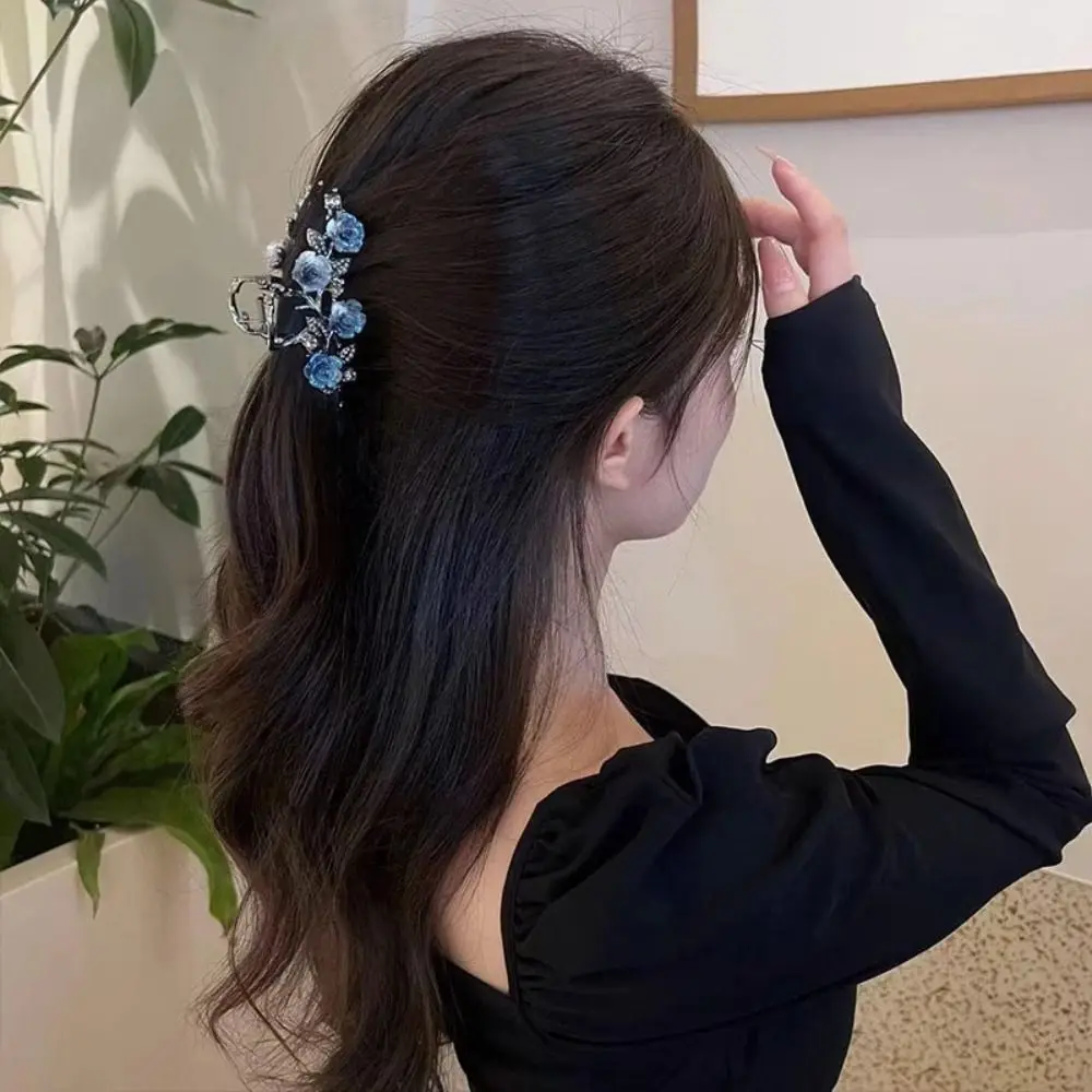 Flower Camellia Hair Claw Ponytail Holder Korean Style Metal Hair Crab Clip Hair Styling Clip Headdress Large Shark Clip