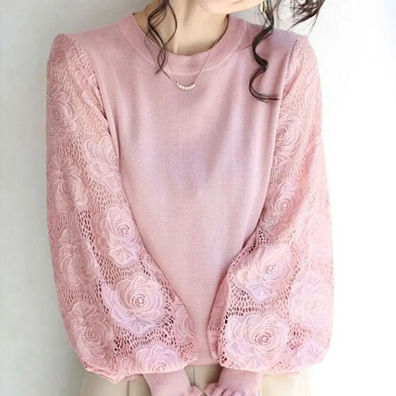 Women\'s Clothing Lace Hollow Out Spliced Shirt Casual Round Neck Spring Autumn Korean Solid Color Commute Loose Knitted Blouse