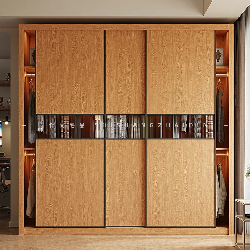 Solid wood sliding door wardrobe modern simple log wind sliding door master bedroom clothes storage cabinet large wardrobe