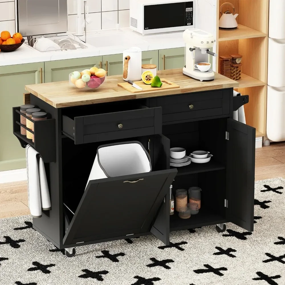 Kitchen Trash Cabinet Tilt Out 10 Gallon Storage,Storage Islands Movable Carts With Rubberwood Top