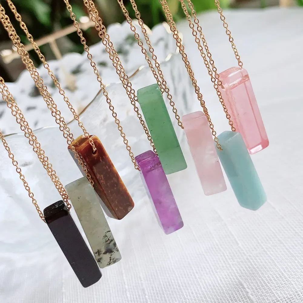 Natural Crystal Stone Pendant Necklace Womens Tiny Chain Small Stick Rectangle Tag Pendulum Roses Quartz Purple Crystal Choker