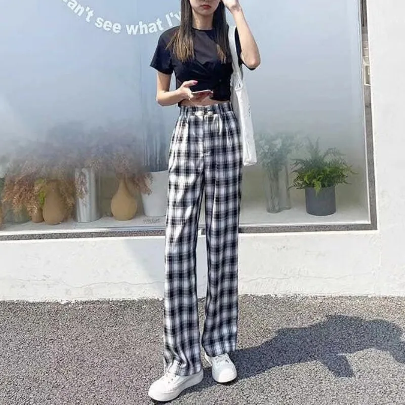 

Women's 2024 Summer New Thin Spliced High Waited Elasticized Pocket Loose Versatile Printed Checkered Straight Leg Casual Pants