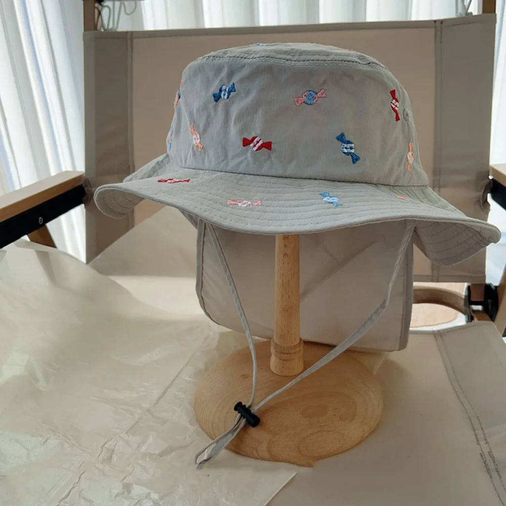 

Cartoon Embroidery Children Panama Cap Quick-dry Sunscreen Bucket Hat Neck Protection Wide Brim Summer Fisherman Hat Streetwear