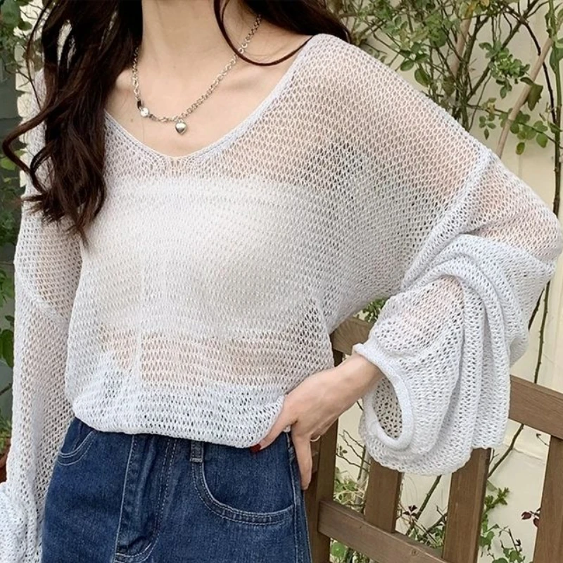 Hollow Out Pullovers Women Sun-proof Baggy See-through Vintage Tender Summer Casual Streetwear Thin Clothing Knitting Lady Basic