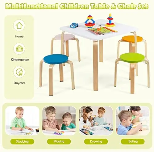 Wooden Table and Stool Set, 5-Piece Activity Table with 4 Stools for Toddler Building Block Drawing Reading Art Crafts, Children