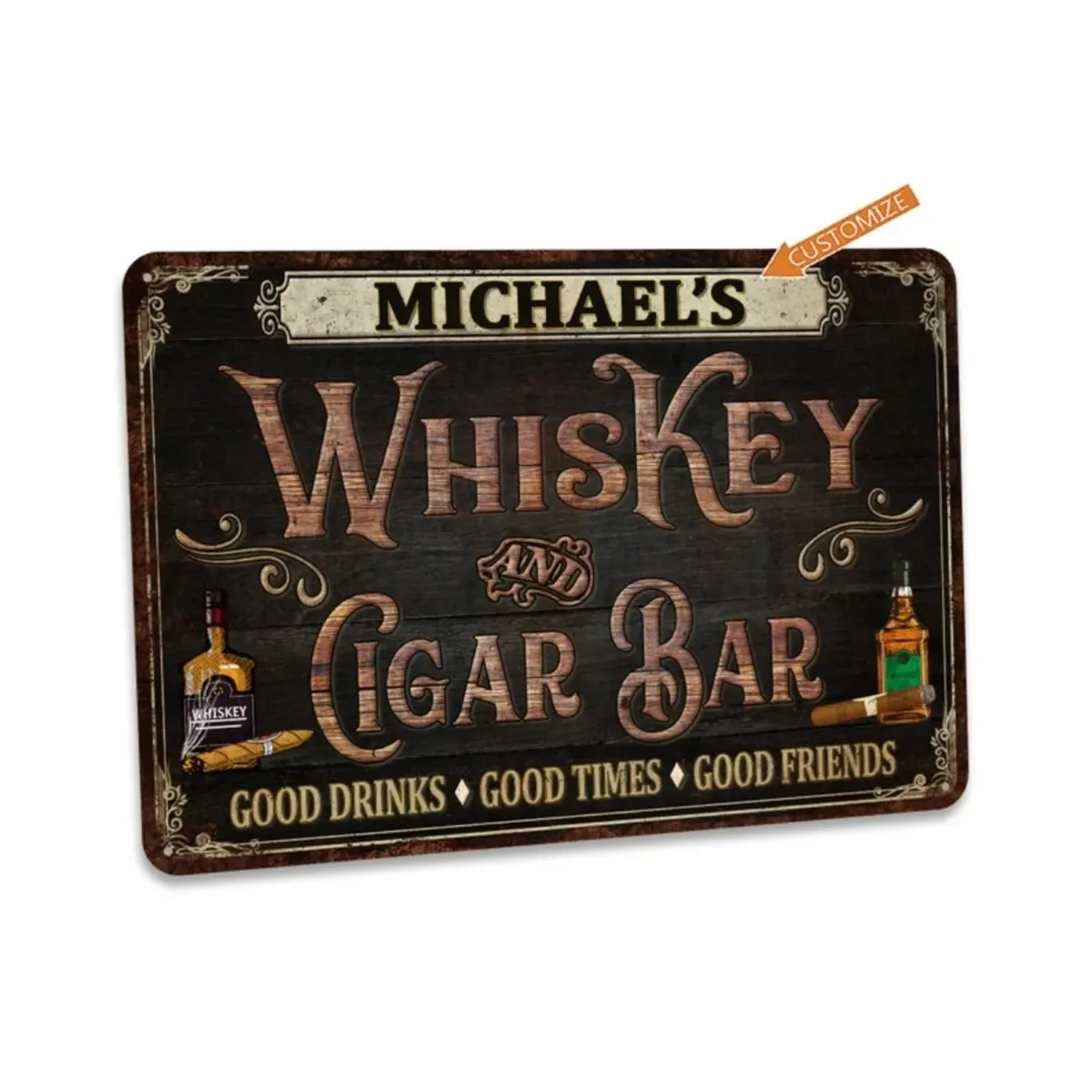 1pc 2D Flat Custom Vintage Whiskey & Cigar Bar Metal Wall Sign Rustic Wall Art Waterproof Ornament For Home Bar Man Cave Basemen