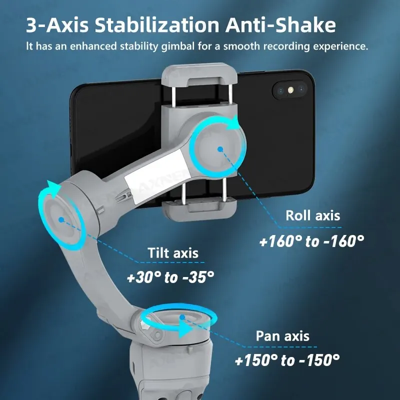 AXNEN HQ6 3-Axis Gimbal Handheld Stabilizer for Cellphone, with Fill Light, Face Tracking, for iPhone Android Video Recording