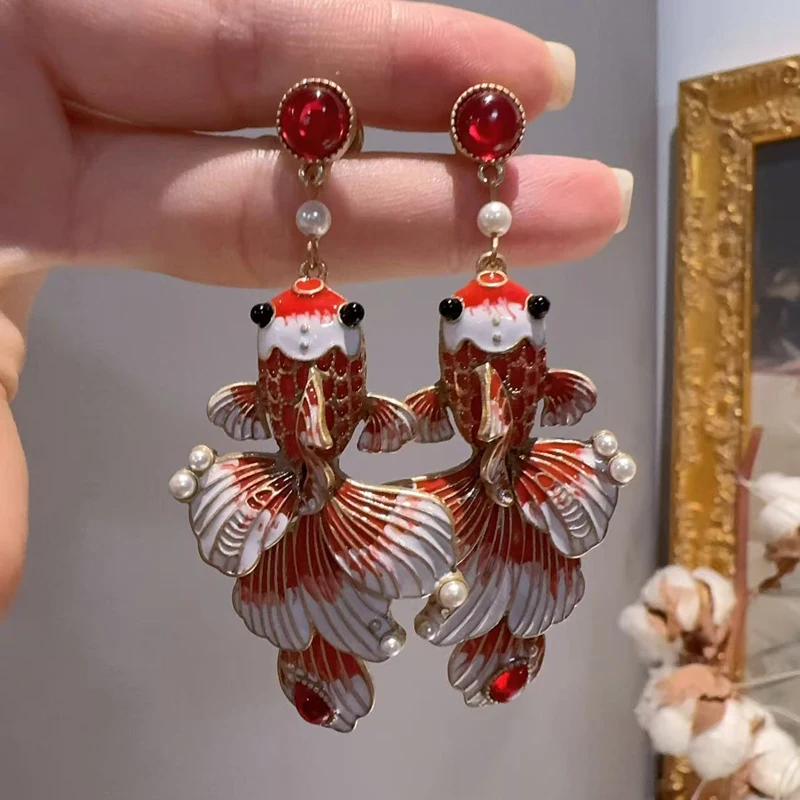 

Vintage Goldfish Drop Earrings Pendant Large Red Glazed Jewelry Chinese Tradition Retro Gold Color For Women Party Decorations
