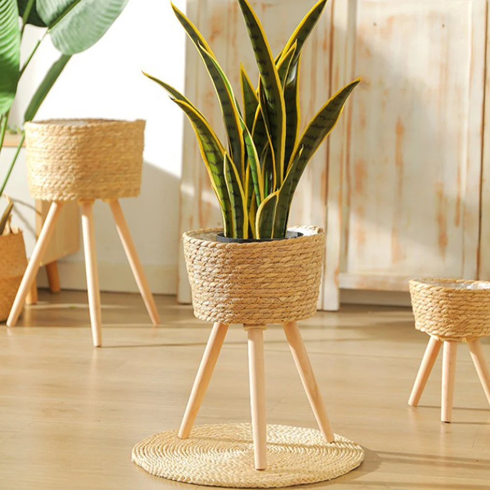 Wood Woven Plant Pot On Standing Legs Household Planter Pot Basket Wood Flower Basket Weaving Flowerpot Storage Basket