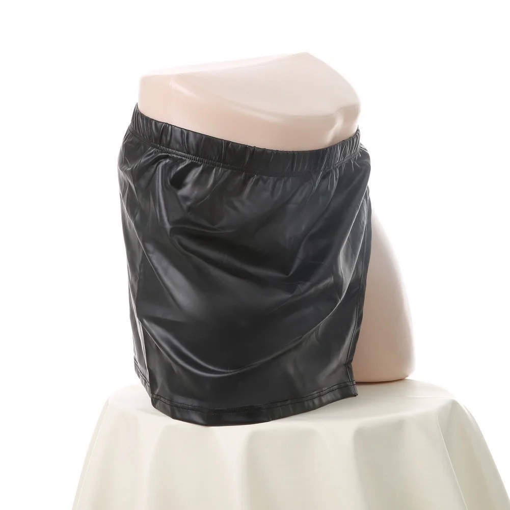 Men Faux Leather Short Skirt Elastic Waist High Split Skirt Smooth Wet Look Bodycon Clubwear Night Party Costume Male Lingerie