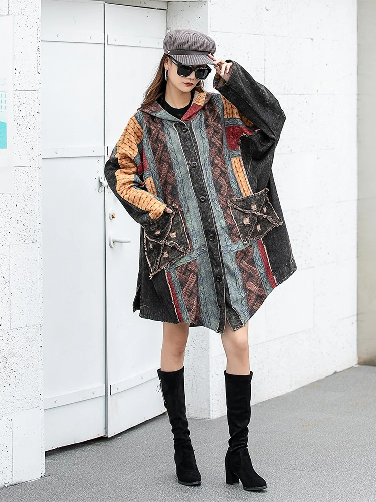 Max LuLu 2023 Fall Fashion Streetwear Womens Printed Loose Hooded Knitted Denim Trench Ladies Casual Luxury Oversized Long Coats