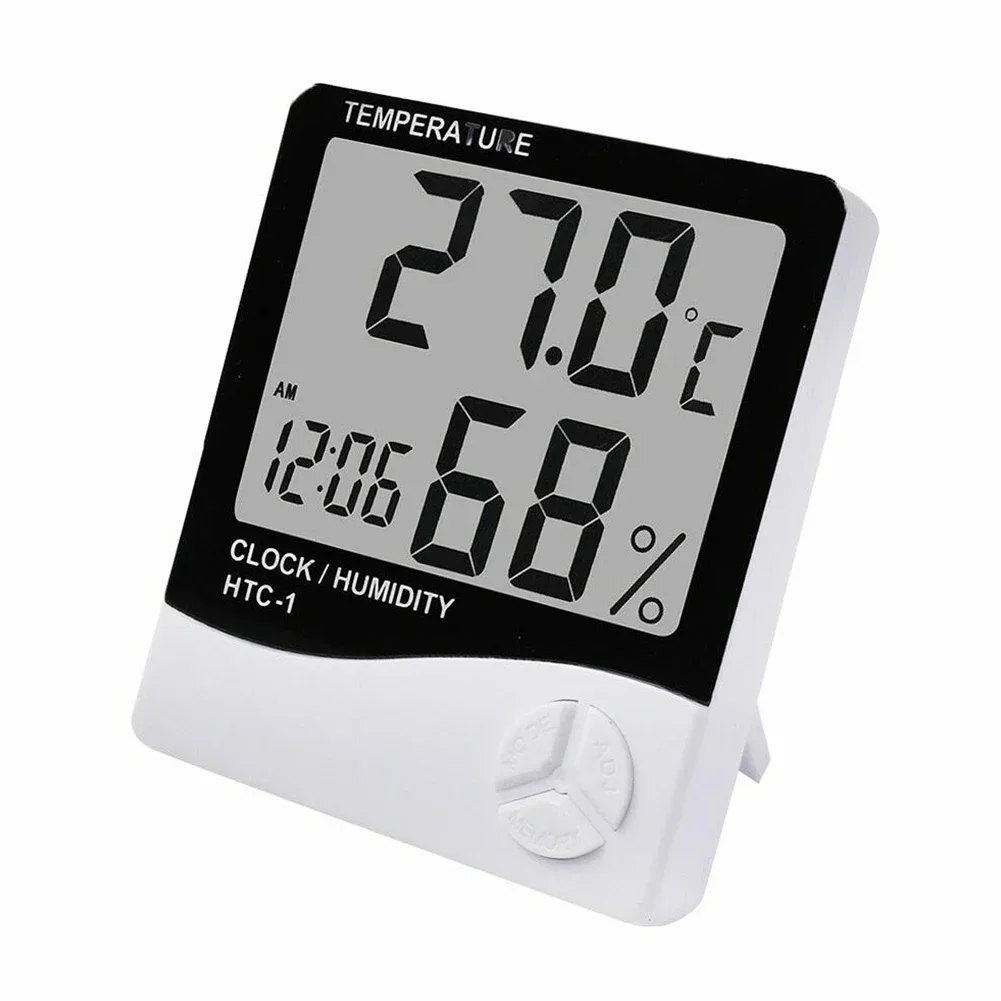 LCD Room Thermometer  HTC1 Indoor Hygrometer Humidity Meter Alarm Clock  Clear Display  Convenient 12/24 Hour Setting