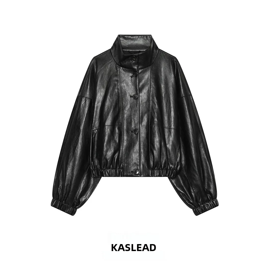 KASLEAD New Women's High-End Feelings Chimney Collar Coated Jacket Short Length Long Sleeve Autumn Fashion Ladies Leather Coat