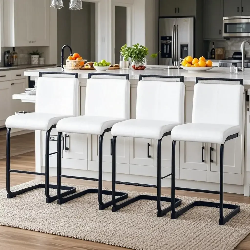 

Counter Height Bar Stools Set of 4,25" PU Leather Bar Stools with Back,Counter High Chairs with Black Painted Metal Legs,White B