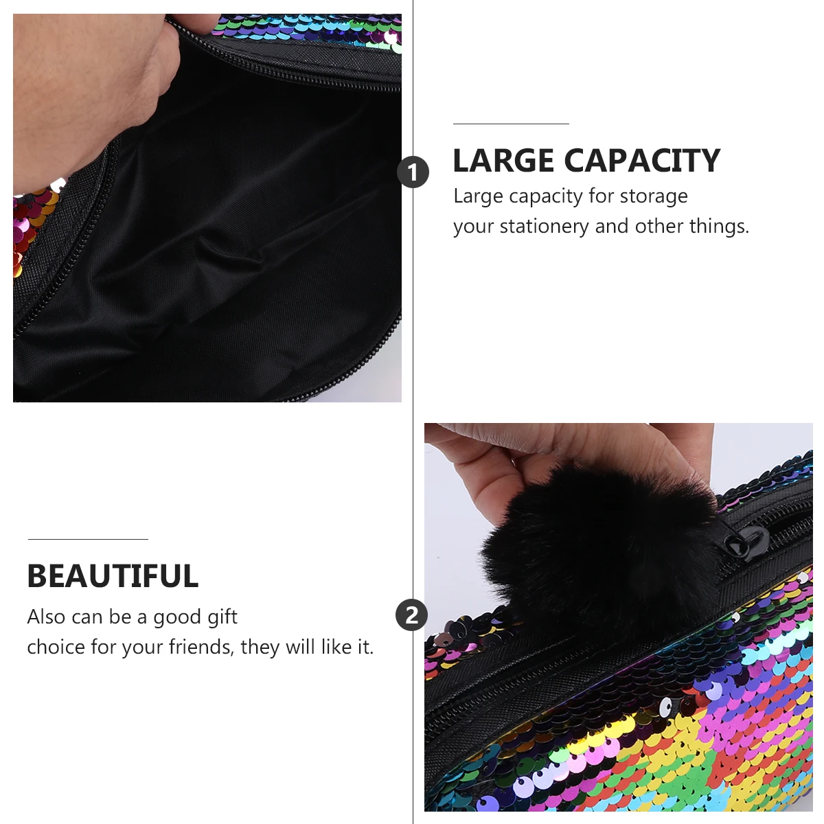 

1Pcs Sequined Pencil Case Mermaid Style Dustproof Zipper Large Room for Stationery and Small Things Sequin Pencil Pouch