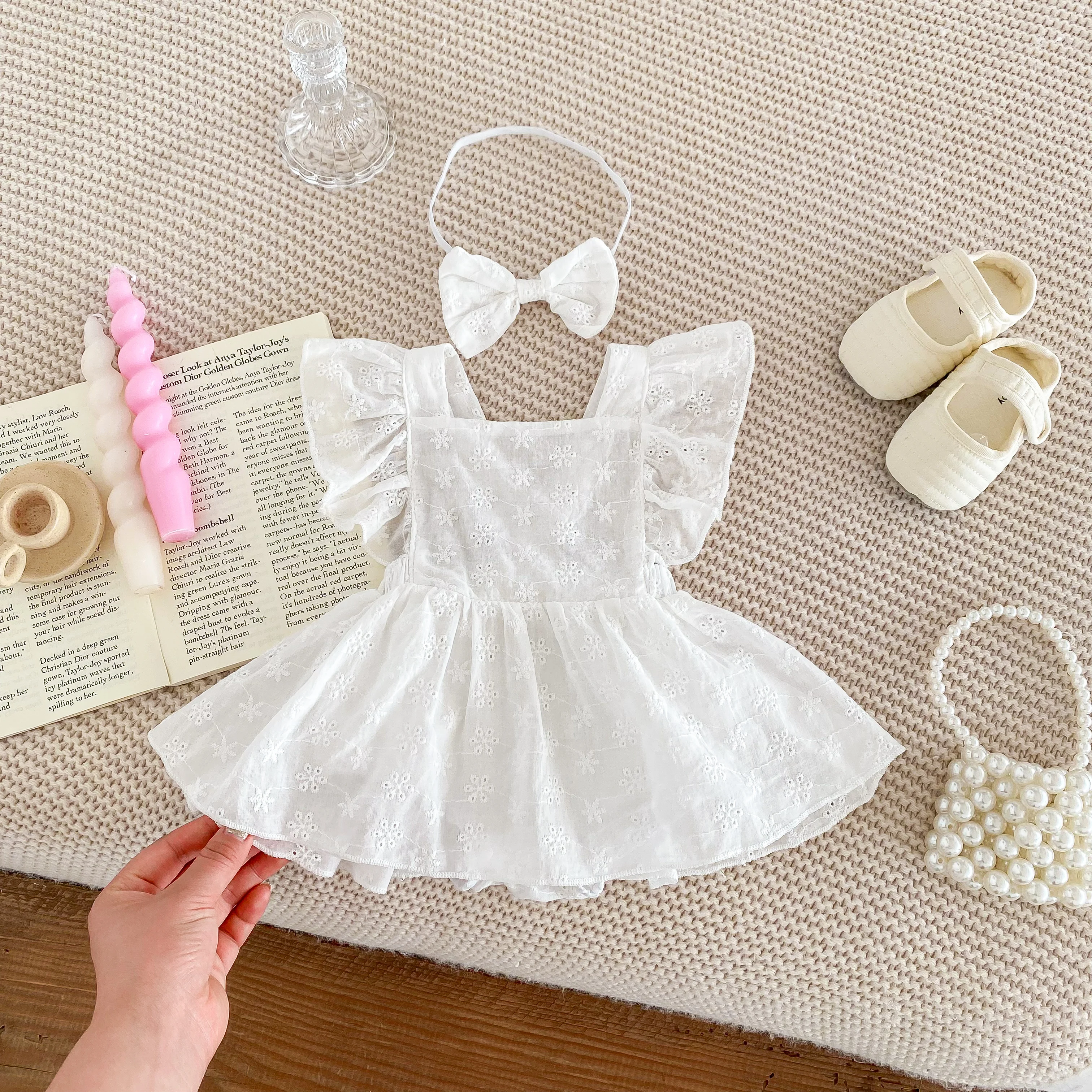 Newborn Baby Girl Princess Jumpsuit Cute Lace sleeves Dress Jumpsuit Set + Bow Hairpin Baby Girl Lovely 2PCS