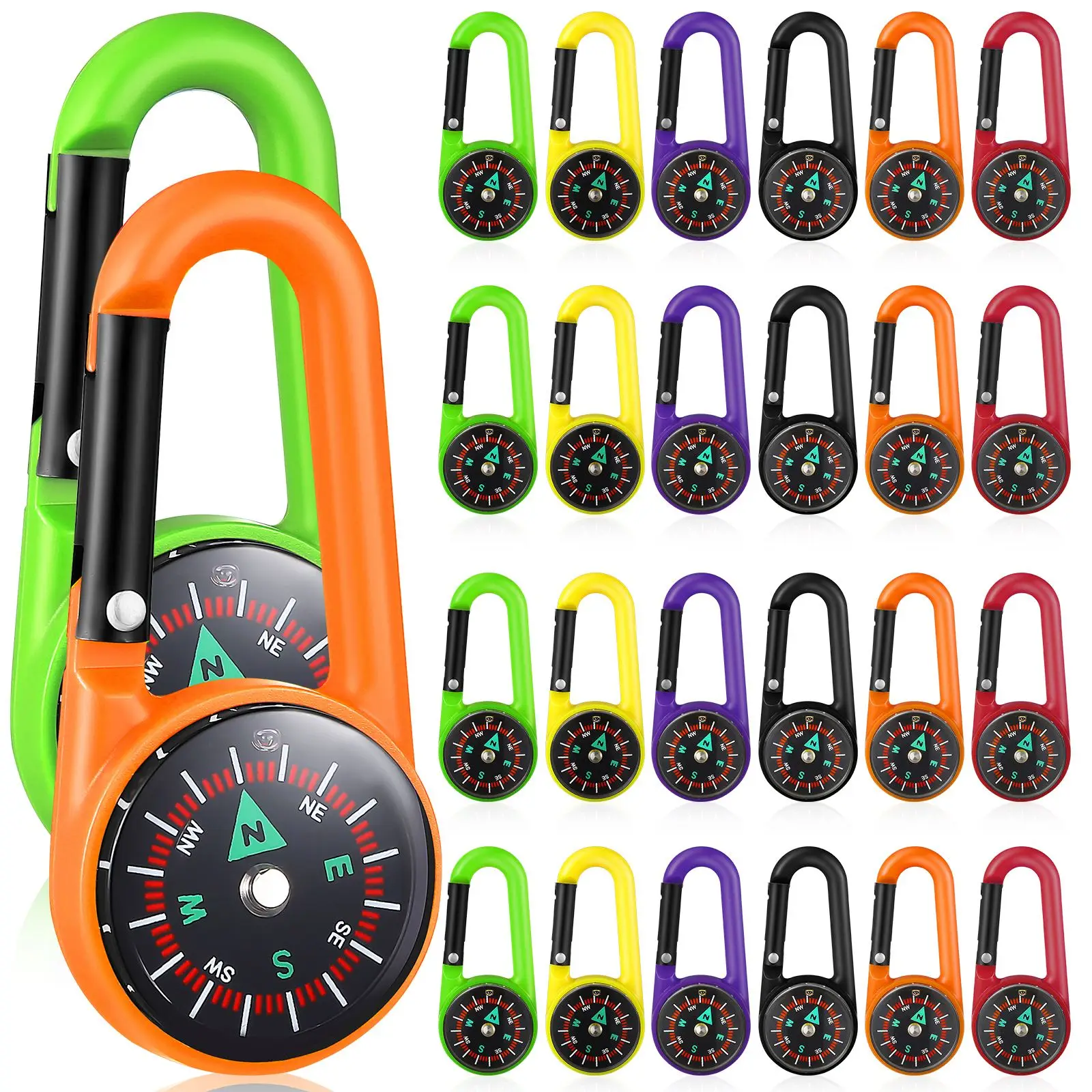 24Pcs Compass Carabiners Clip-on Self Locking Keychains Carabiner Keychain for Outdoor Camping Tool Hiking Tourism Equipment