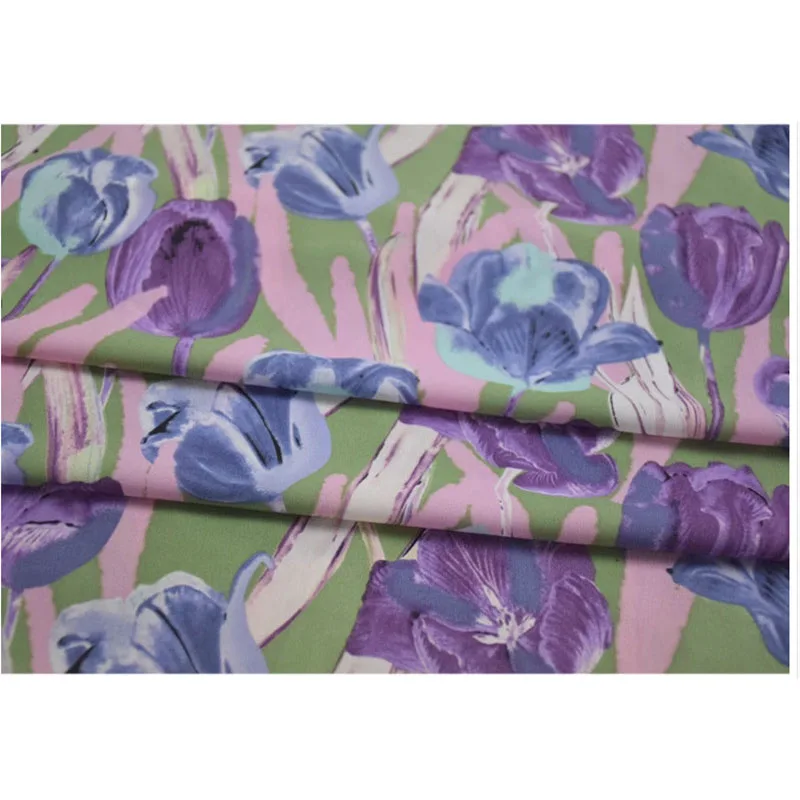 Romantico tessuto viola con stampa tulipano, tessuto Chiffon di alta qualità, camicia abito primaverile, materiale pigiama, materiale morbido, T1845