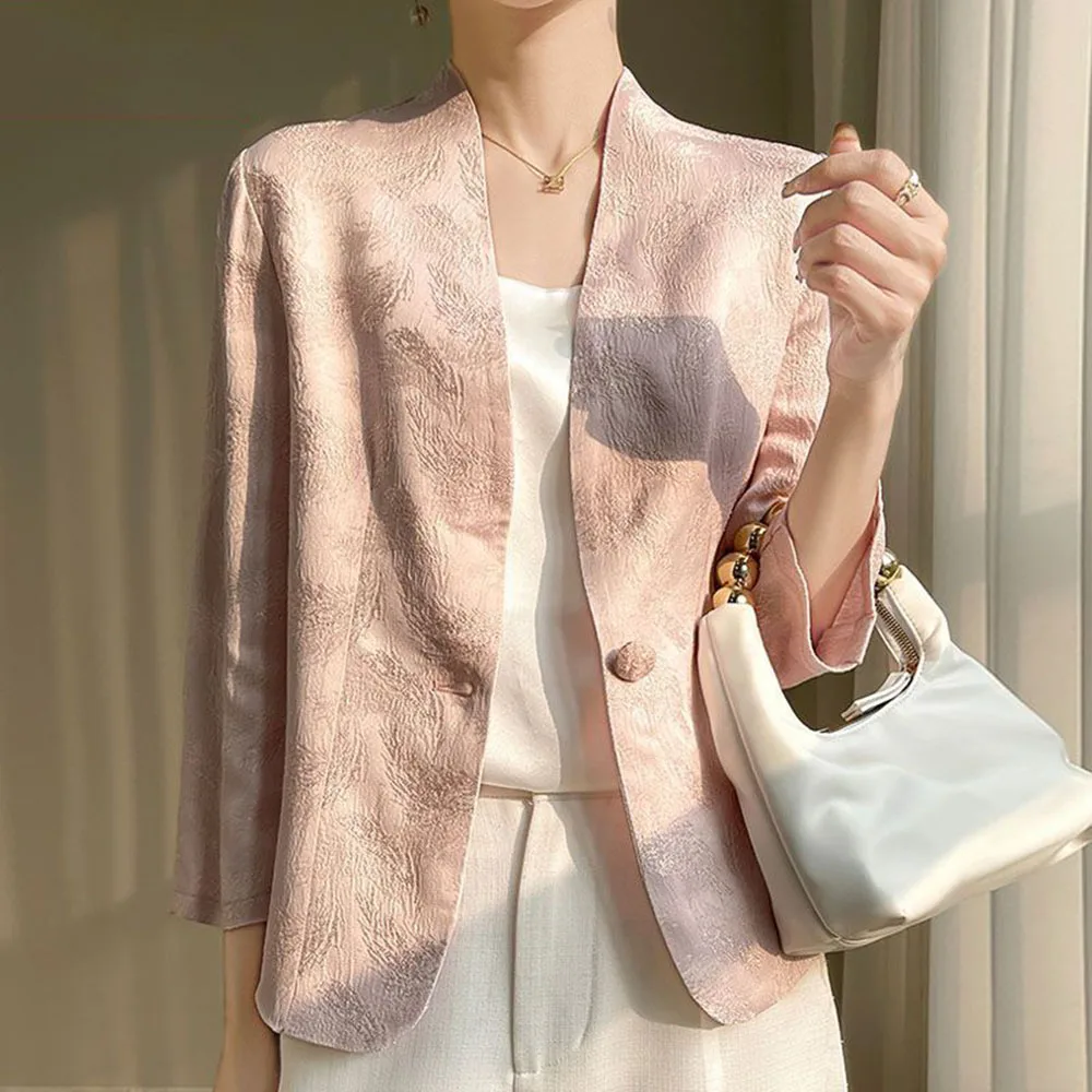 2024 New Women\'s Jacquard Short Jacket Spring Summer One Button Slim Blazers Casual Top Lady Pink White Office Elegant Suit Coat