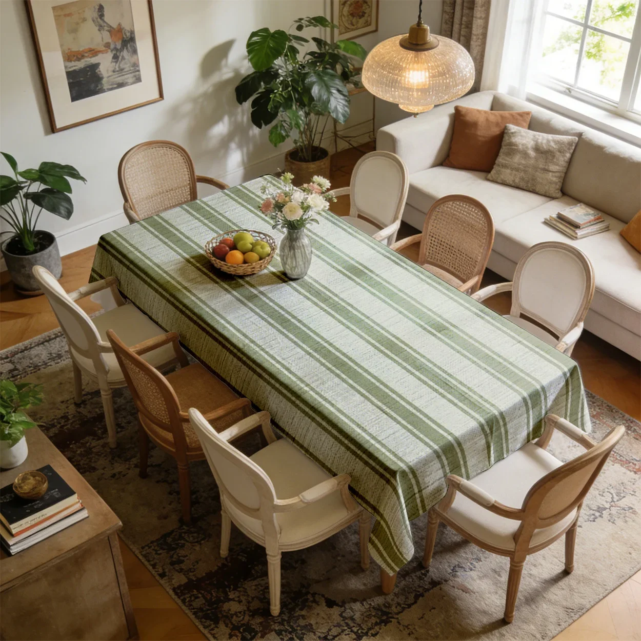 Tablecloth 2D Flat Printing - 1 piece. Striped style. Olive green and off-white color combination. yzb