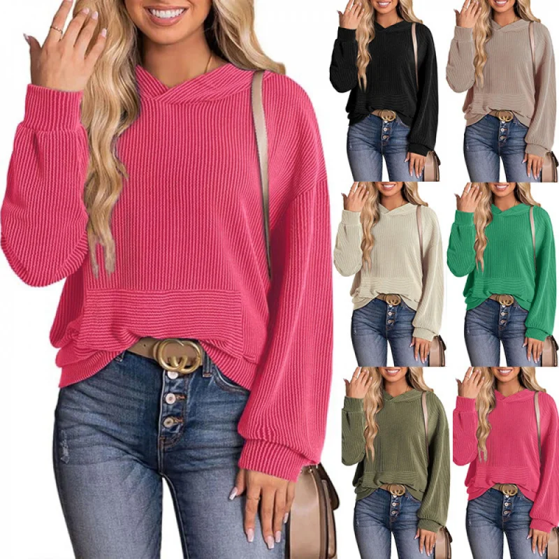 Women's Textured Knit Hooded Sweatshirt - Relaxed Fit Round Neck Long Sleeve Top, Casual Comfort Pullover