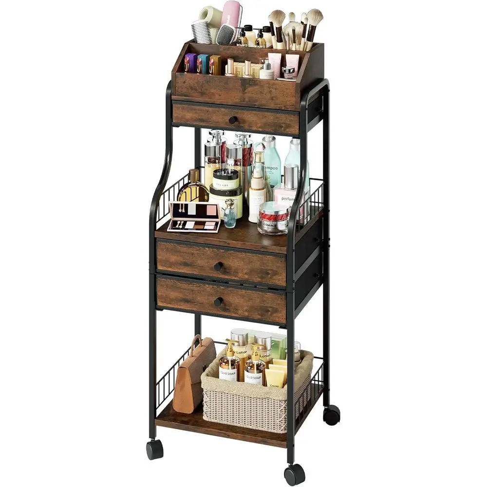 

Rolling Makeup Organizer Cart - Floor Skincare Storage with Non-woven Drawers, Vanity Organizer Cosmetic Display Cases with Whee
