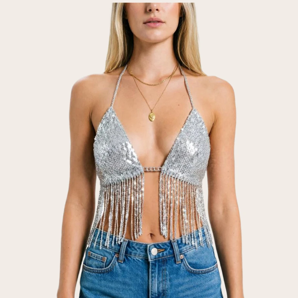 

European And American Spicy Girl Sequin Tassel Hanging Neck Camisole Vest Feminine V-Neck Exposed Navel Nightclub Bouncing Shiny