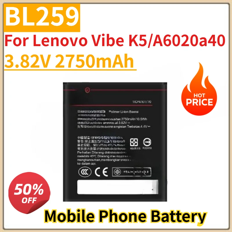 

High Quality New 3.82V 2750mAh Mobile Phone Battery BL259 for Lenovo Vibe K5 A6020a40