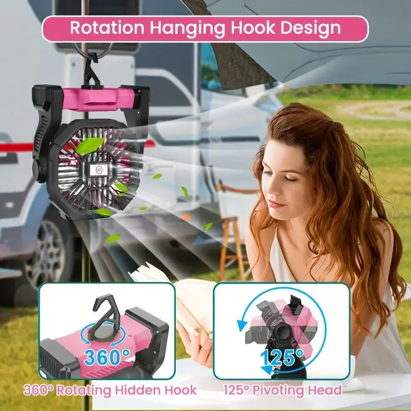 Pengisian + Penerangan + Kipas Angin Kipas Gaya Berkemah Listrik Tiga-Dalam-Satu dengan Lentera Led Kipas Tenda Portabel dengan Fungsi Putar, Fungsi Catu Daya Darurat Saat Pemadaman Listrik, Cocok untuk Operasi Barbekyu atau Perjalanan